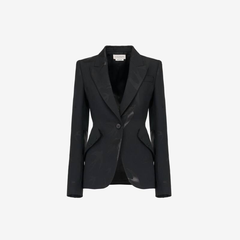 Alexander McQueen Women's Black Swallow Peak Shoulder Jacket - 6 (Viscose, Polyester, Metallic Polyester & Wool)